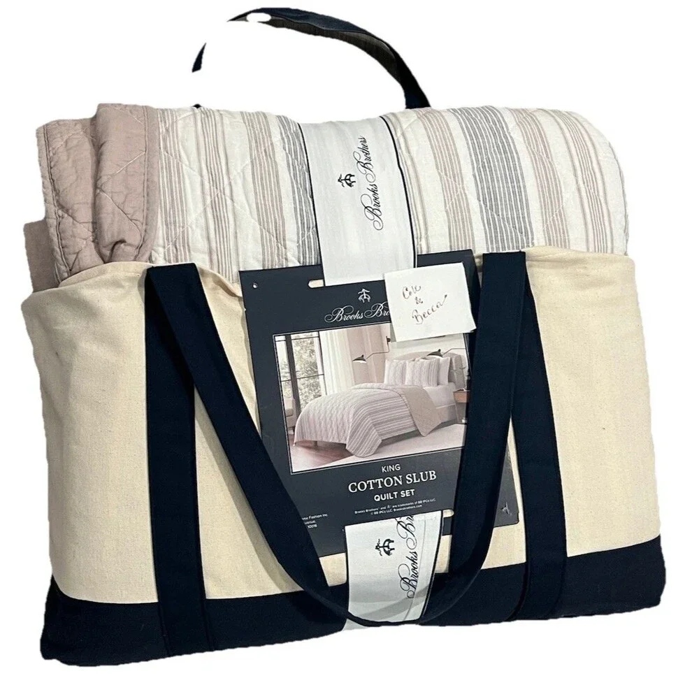 Brooks Brothers King Cotton Slub Quilt Set 3 Piece Beige Stripes 106 X 92 ” New